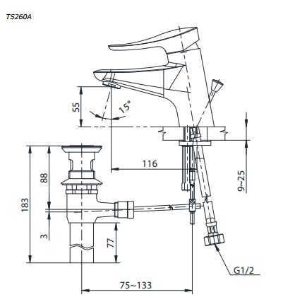 Bản vẽ vòi lavabo nóng lạnh TOTO TS260A