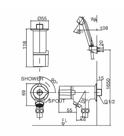 Bản vẽ kỹ thuật vòi sen tắm lạnh INAX BFV-10-1C