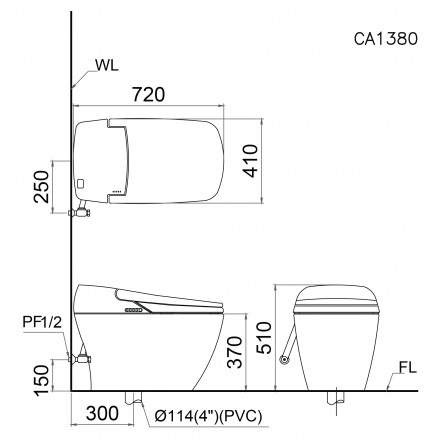 bản vẽ kỹ thuật Bồn Cầu Thông Minh CAESAR CA1380H Điện Tử