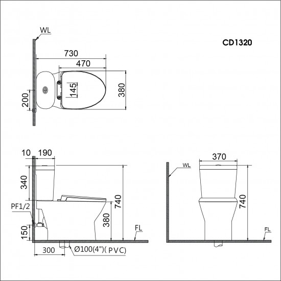 Bản vẻ kỹ thuật Bồn Cầu Điện Tử CAESAR CD1320/TAF400H 2 Khối